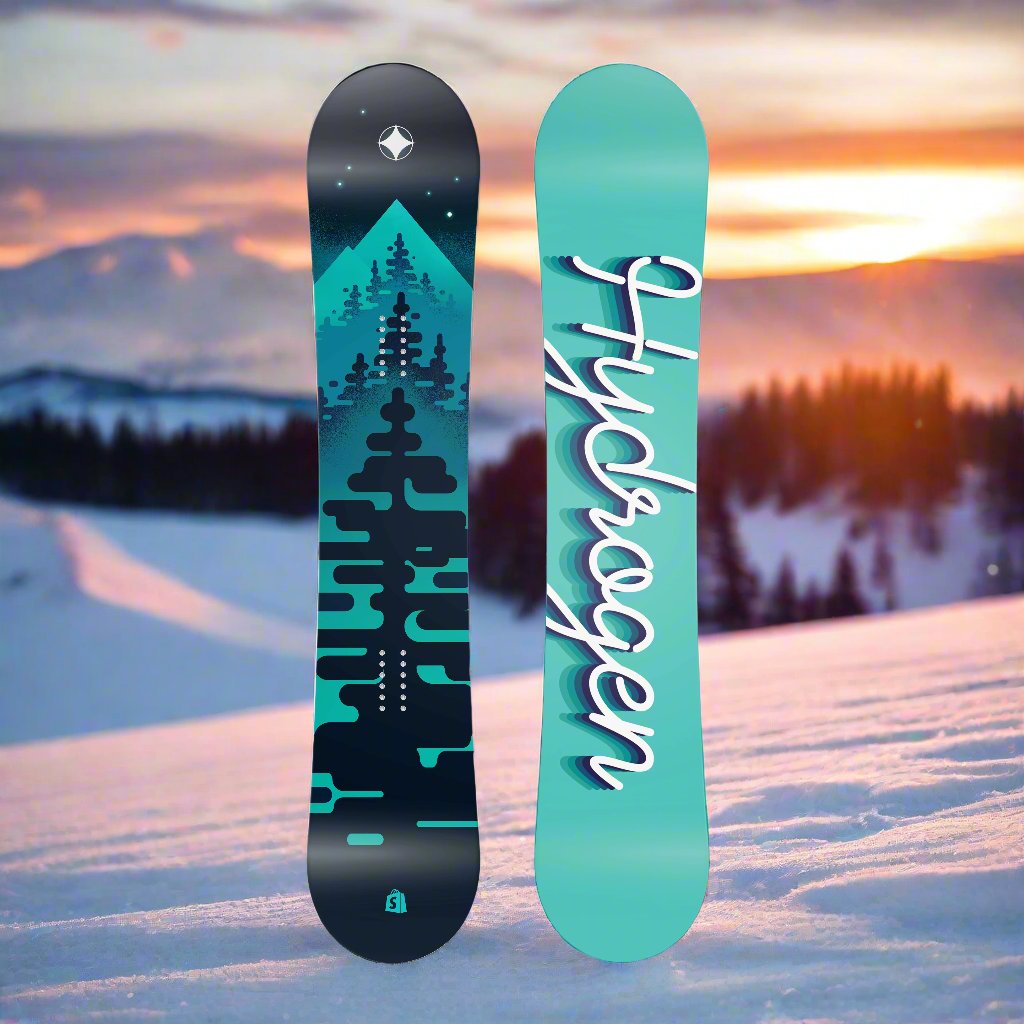 Top and bottom view of a videographer-themed snowboard with turquoise and black graphic styling