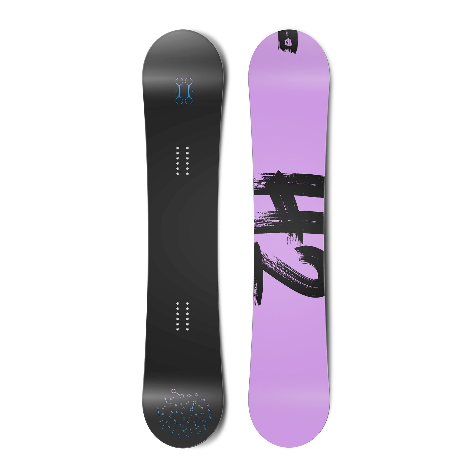 Top and bottom view of a Hydrogen collection snowboard with stylized molecular bond graphics