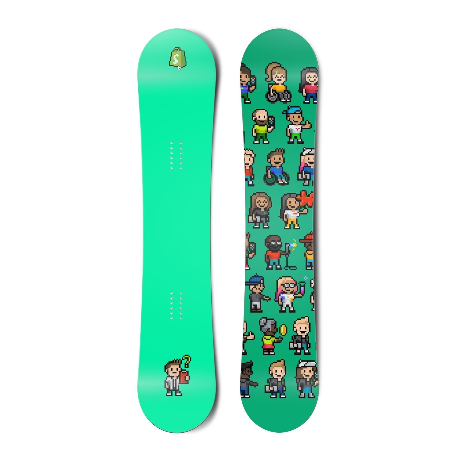 Top and bottom view of a multi-location snowboard with pixelated Shopify bag logo artwork