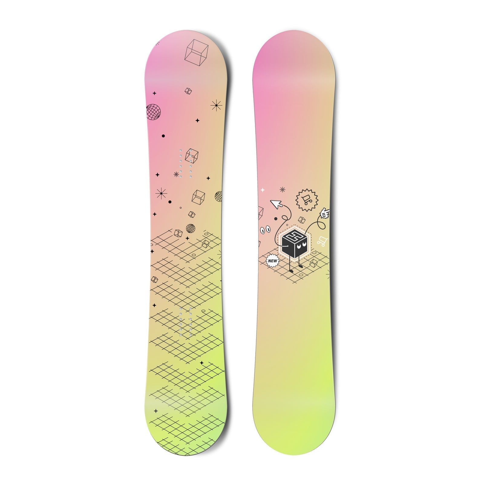 Top and bottom view of a multi-managed snowboard with colorful illustrated graphic artwork