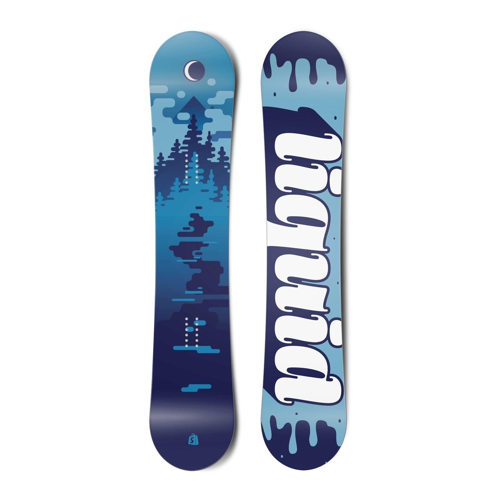 Top and bottom view of a Liquid collection snowboard with stylized water scene artwork