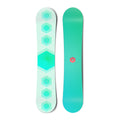 Top and bottom view of a premium snowboard with stacked hexagon graphics and a centered geometric logo