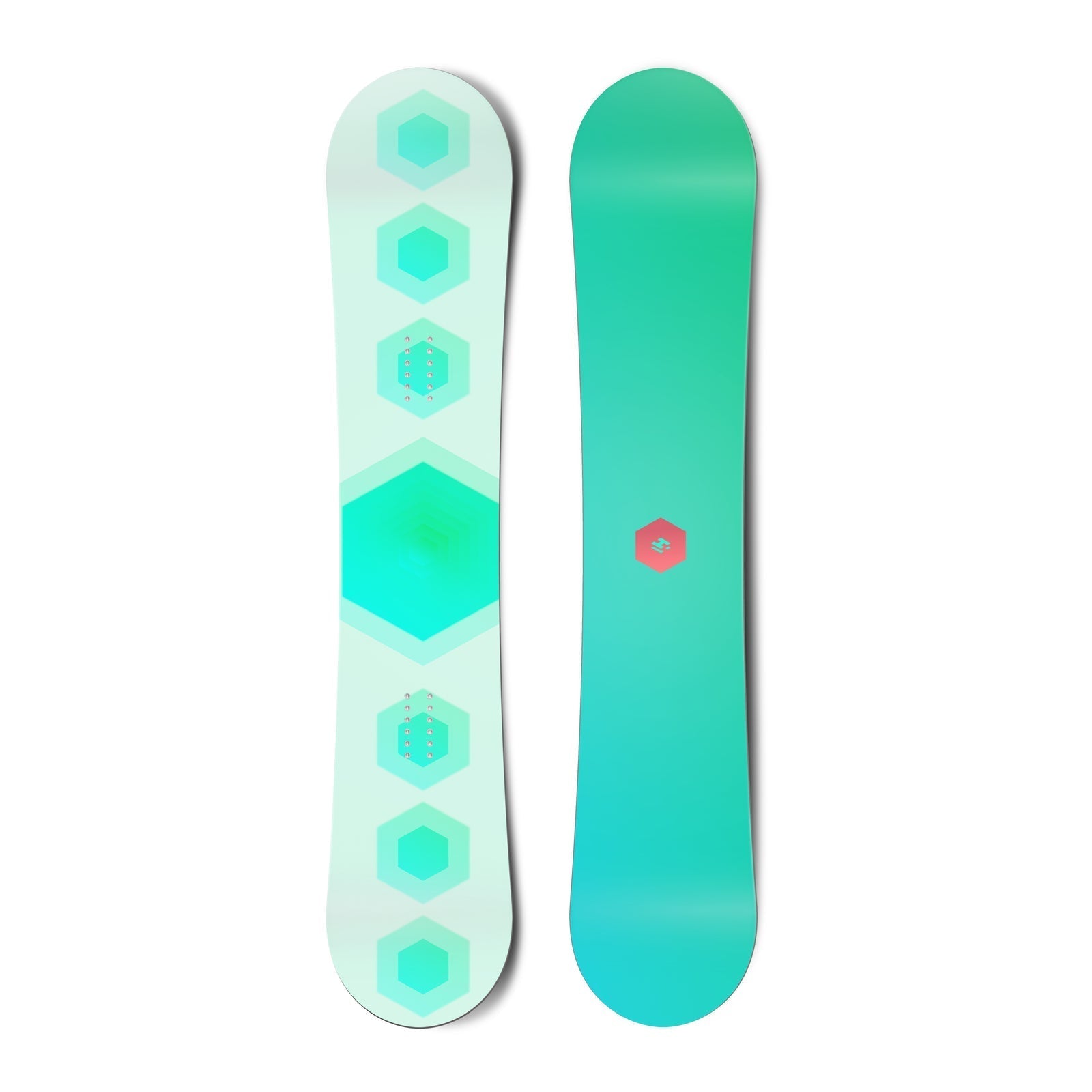 Top and bottom view of a premium snowboard with stacked hexagon graphics and a centered geometric logo