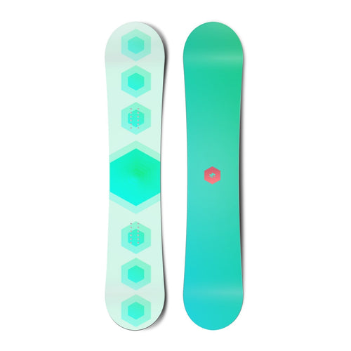 Top and bottom view of a premium snowboard with stacked hexagon graphics and a centered geometric logo