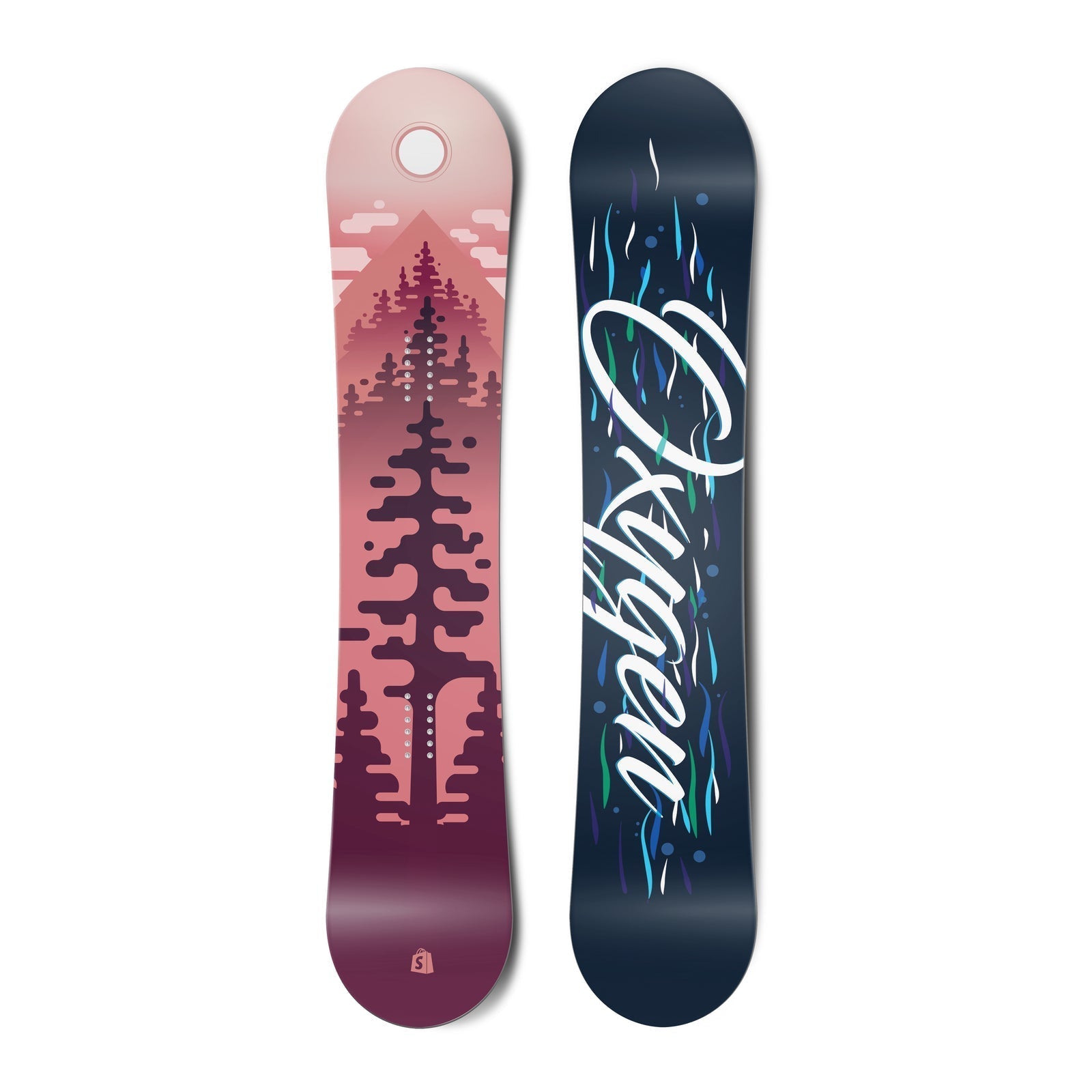 Top and bottom view of an Oxygen collection snowboard with forest and nature-inspired graphics