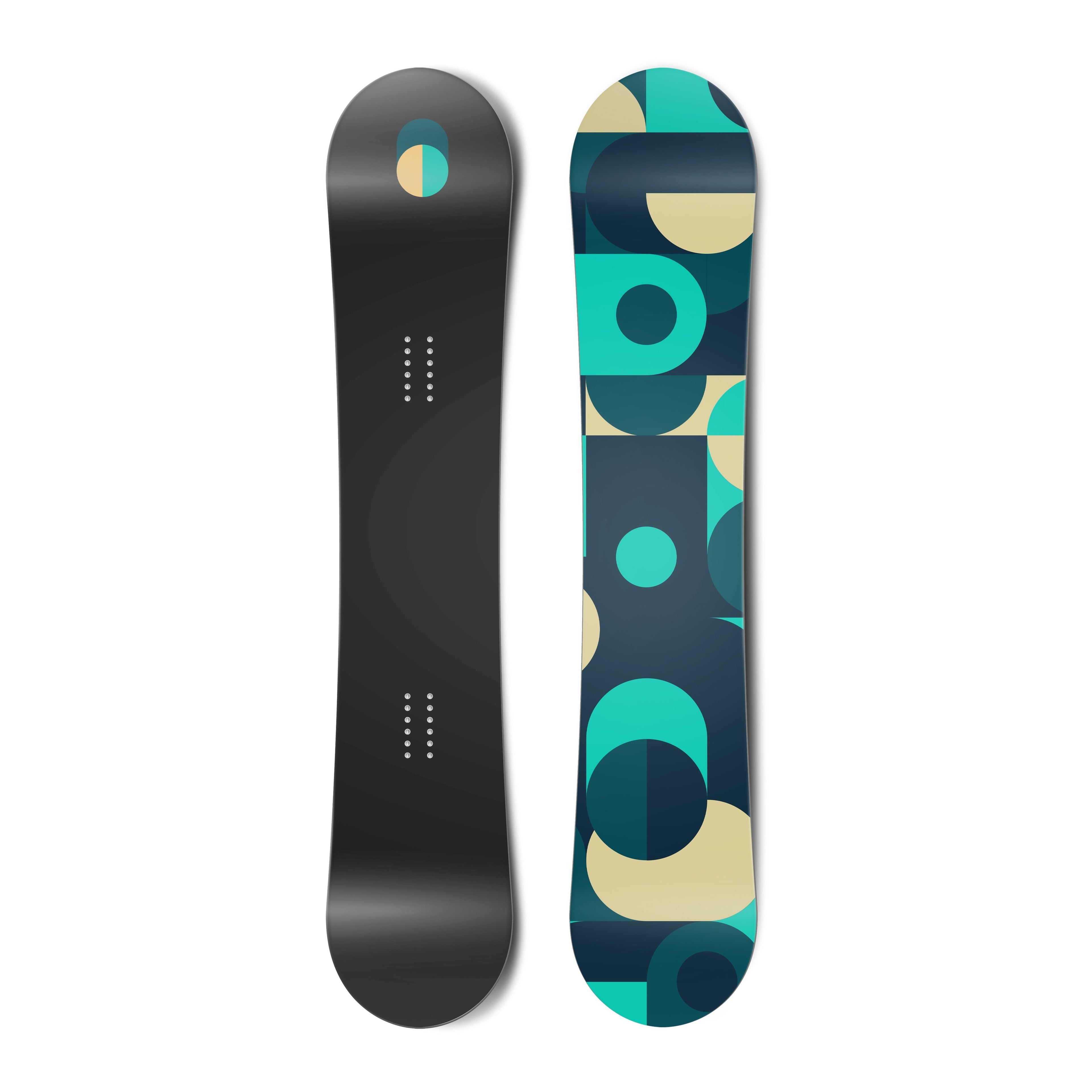 Top and bottom view of an out-of-stock snowboard with toggle-style graphic artwork