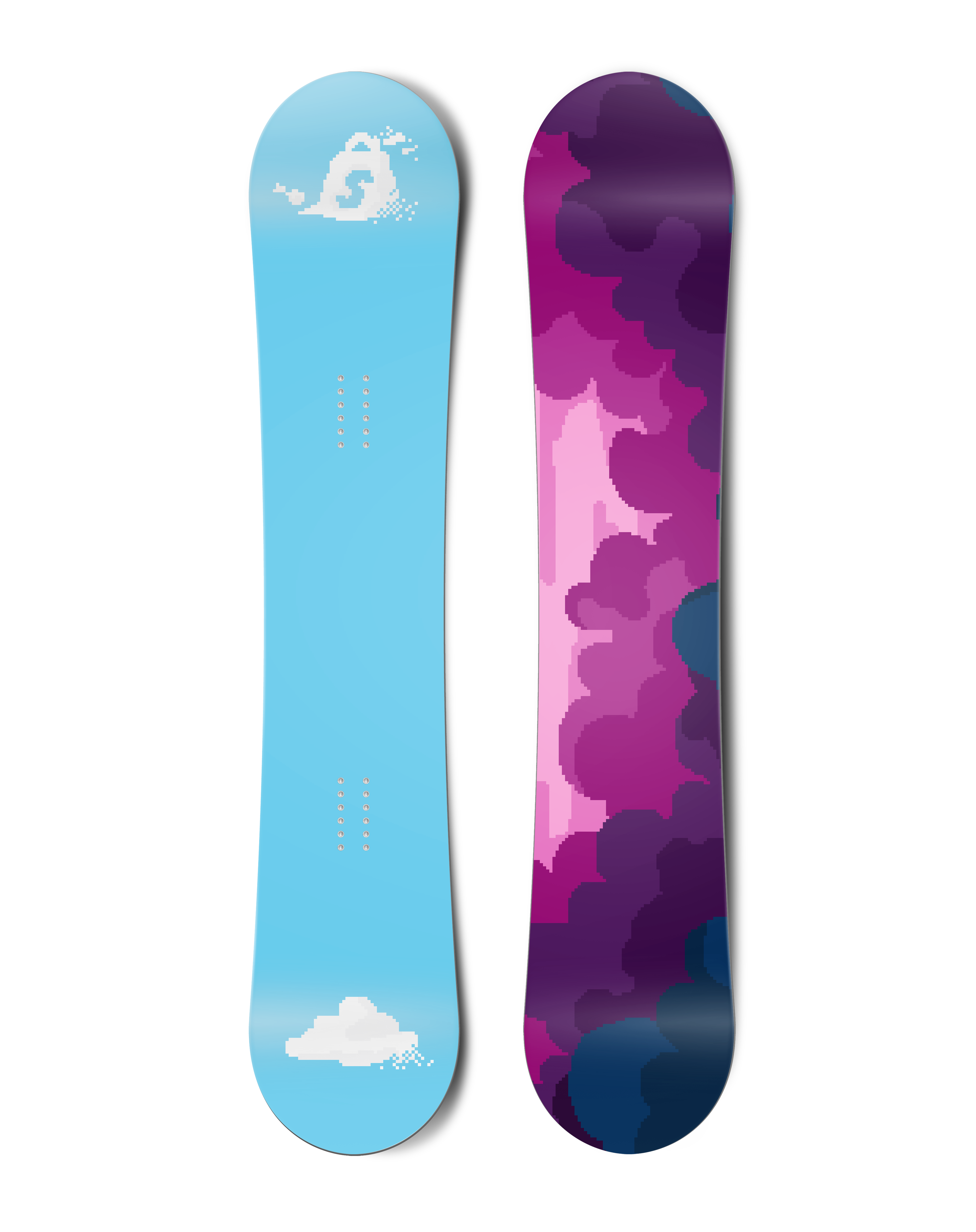 Top and bottom view of a snowboard with pixelated cloud artwork for compare-at-price sale testing